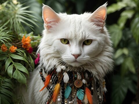 Gato adulto branco com cara de s&eacute;rio e bravo contrastando com adornos de flores coloridas e delicadas laranja e folhagem verde