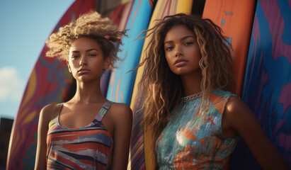 Two African American girls stand against a background of colorful surfboards, generative AI
