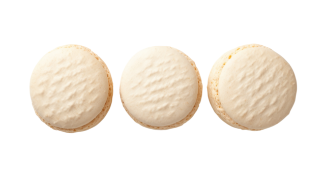 Group of three delicious French vanilla macaroons, sweet isolated design element, top view, transparent background / flat lay, PNG