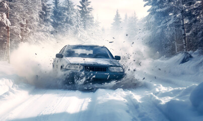 A car slipped and smashed on a slick and snowy route in the midst of winter. - obrazy, fototapety, plakaty