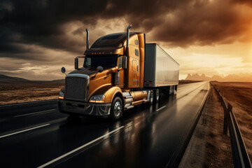 In the logistics industry, a massive cargo truck speeds along a desert highway, hauling freight under a vibrant sunset, symbolizing efficient transportation and supply chain management.