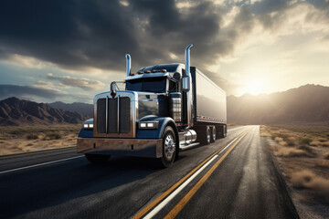 In the logistics industry, a massive cargo truck speeds along a desert highway, hauling freight under a vibrant sunset, symbolizing efficient transportation and supply chain management. - obrazy, fototapety, plakaty