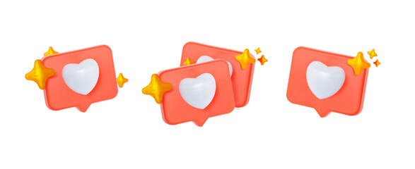3D like heart button symbols with elements gold stars. Social media concept. heart shape social media notification. 3d vector images.   