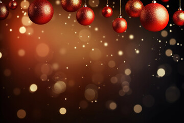 Obraz na płótnie Canvas red and golden glitter christmas balls hanging in front of a dark bokeh background with space for text, christmas background