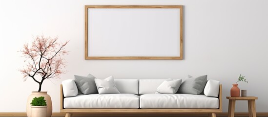 Poster on wall in bright living room with sofa table and tea mug With copyspace for text