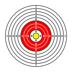 Shooting range paper target with divisions, marks and numbers. Archery, gun shooting practise and training, sport competition and hunting. Bullseye and aim. Vector illustration