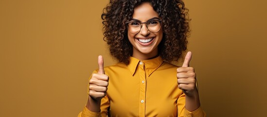 Latin middle aged woman with empty banner smiling and giving thumbs up with approval With copyspace for text