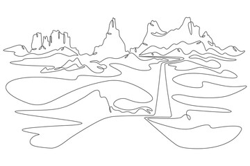 Mountain landscape. Canyon. Desert in the south. Rocky Mountains. Wild nature. Monument Valley.One continuous line. Linear. Hand drawn, white background.