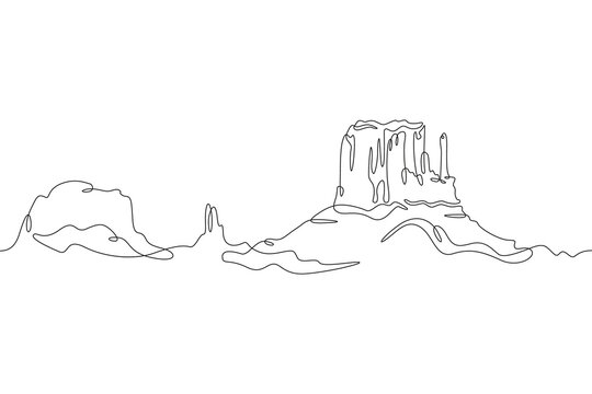 Mountain landscape. Canyon. Desert in the south. Rocky Mountains. Wild nature. Monument Valley.One continuous line. Linear. Hand drawn, white background.