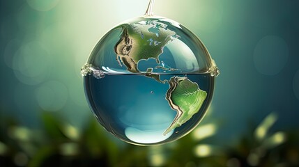 Limited water supply. Global water concerns. Earth encapsulated within a translucent watery sphere. Signifying the importance of conserving water and safeguarding our planet's water resources. Concept