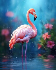 Flamingo standing in serene water with blossoms and soft light