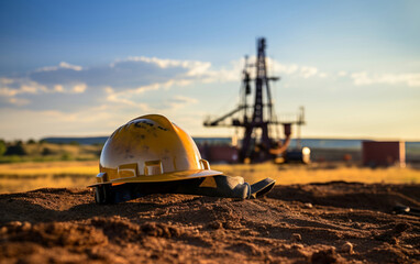 Fototapeta na wymiar Close-up of hard hat laying on ground. Sunset, golden hour. Oil export concept.