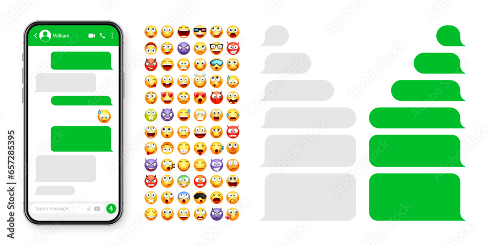 Wall mural smartphone messaging app, user interface design with emoji. sms text frame. chat screen with green m