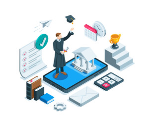 isometric man in a robe throwing up a bachelor's cap on a smartphone screen, in color on a white background, online learning and obtaining a degree