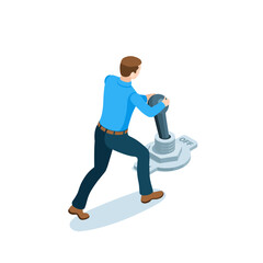 Fototapeta premium isometric business man switches toggle switch, in color on a white background, electric switch, on or off