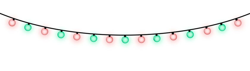 Guirnalda de luces de navidad, rojas y verdes, con resplandor, sin fondo. - obrazy, fototapety, plakaty