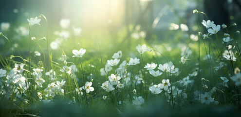 Beautiful spring landscape with meadow yellow flowers and daisies, blooming in the sun on sun flare...