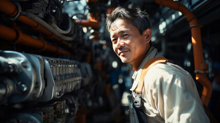Portrait of a man, happy oil rig worker in industrial plant. - obrazy, fototapety, plakaty