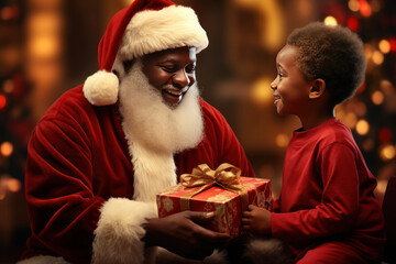 Fototapeta na wymiar Smiling African American Santa Claus give gift box to little black boy on Christmas night with fir tree luminated on background