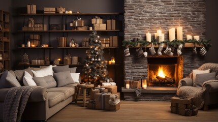 Cozy living room with Christmas tree, stockings, and fire crackling.