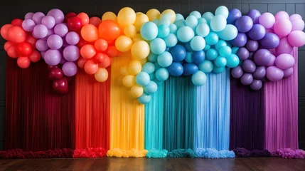 Rolgordijnen Vibrant rainbow balloon backdrop with tassels © olegganko