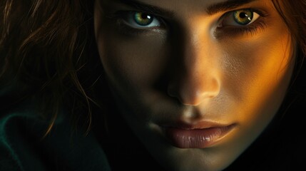 Close-up photo of a female model with a determined and strong gaze.