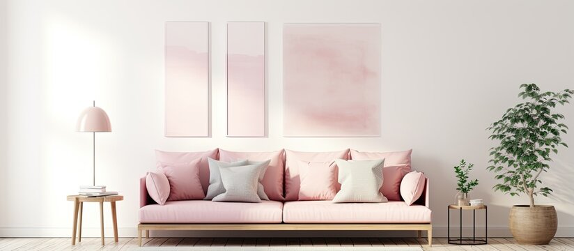 Posters displayed on white wall in bright living room with pink settee With copyspace for text