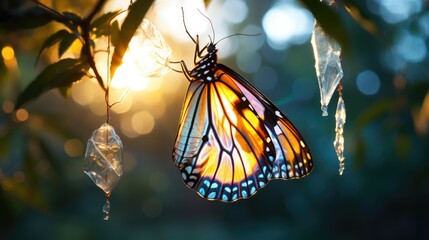 A colorful butterfly lands on a transparent cocoon.