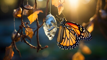 A colorful butterfly lands on a transparent cocoon. - obrazy, fototapety, plakaty