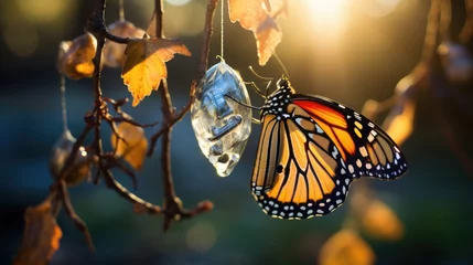 Foto auf Glas A colorful butterfly lands on a transparent cocoon. © Royal Ability