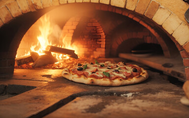 Hot Italian pizza on wooden table brick fired oven