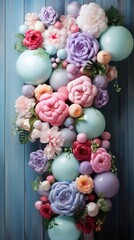 Pastel balloon garland with flowers and greenery