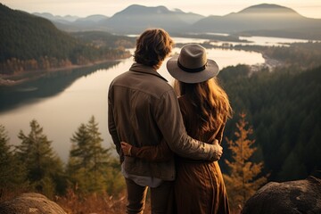 Man holds woman from behind while looking out at a scenic view - obrazy, fototapety, plakaty