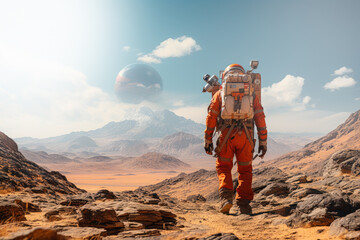 an astronaut walking on the surface of mars with the earth in the background