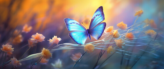 Beautiful blue butterfly on golde and purple flower buds on a soft blurred blue background. Soft romantic dreamy artistic image, beautiful round bokeh. - obrazy, fototapety, plakaty