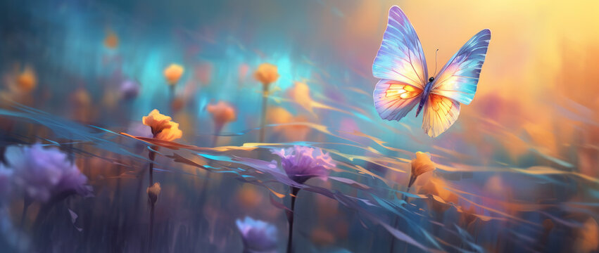 Beautiful blue butterfly on golde and purple flower buds on a soft blurred blue background. Soft romantic dreamy artistic image, beautiful round bokeh.