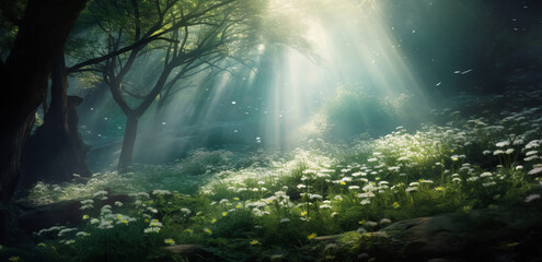 Beautiful spring landscape with meadow yellow flowers and daisies, blooming in the sun on sun flare background