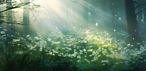 Beautiful spring landscape with meadow yellow flowers and daisies, blooming in the sun on sun flare background