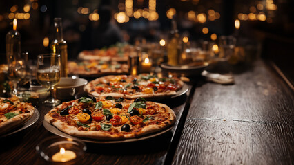 Tisch mit Pizza und schönen Gedeck mit grandioser Kulisse in der Abendsonne auf der Terrasse im Querformat für Banner, ai generativ