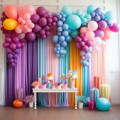 Vibrant rainbow balloon backdrop with tassels