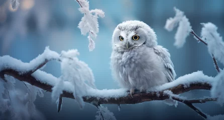 Crédence de cuisine en verre imprimé Harfang des neiges ute fluffy white Owl in hoarfrost frost on a branch under the snow in the Christmas park. Owl Bird as a concept of Christmas and New Year