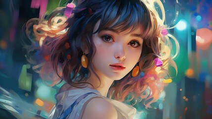Fototapeta premium Colorful animation girl anime painting high resolution Ai generated art