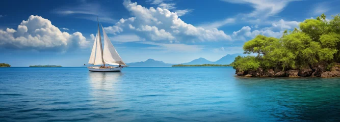 Rolgordijnen Boat in turquoise ocean sea against blue sky with white clouds and tropical island. Natural tropical landscape for summer vacation, panoramic view. © MD Media