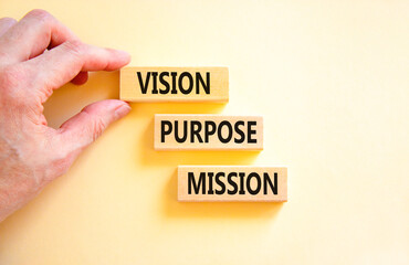 Vision purpose mission symbol. Concept word Vision Purpose Mission on beautiful block. Beautiful white table white background. Business motivational vision purpose mission concept. Copy space.