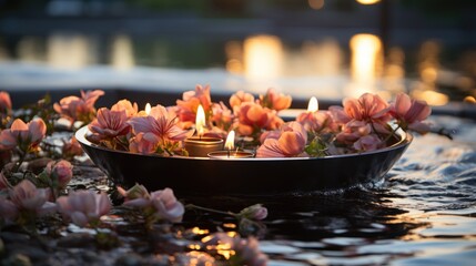 Flowers and candles in a healing water. - obrazy, fototapety, plakaty