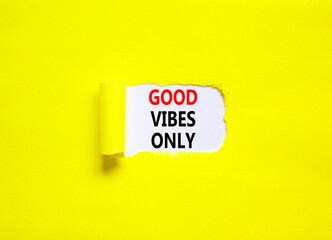 Good vibes only symbol. Concept word Good vibes only on beautiful white paper. Beautiful yellow table yellow background. Business motivational good vibes only concept. Copy space.