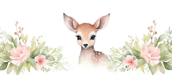 Fotobehang Boho dieren Pink and green watercolor wreath with a baby deer illustration for a nursery in a woodland forest
