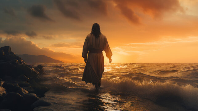 Jesus Christ walking towards a boat on stormy sea at sunset. Christian and spirituality