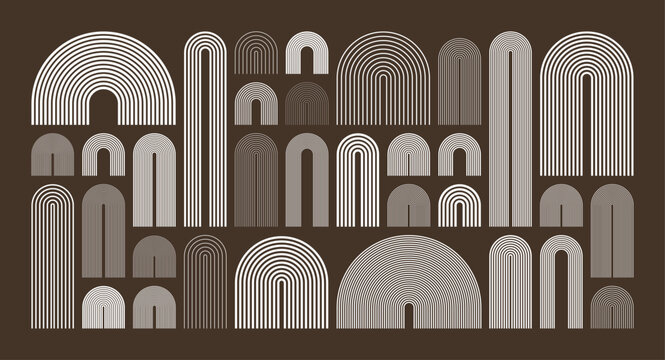 Fototapeta Mid century arch elements, modern geometric shapes. Contemporary design, minimalist art. Trendy design elements for wall decor, posters, books, covers and flyers. Vector illustration