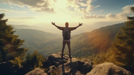 A man triumphantly standing on a mountain peak, embracing the beauty and vastness of nature - obrazy, fototapety, plakaty